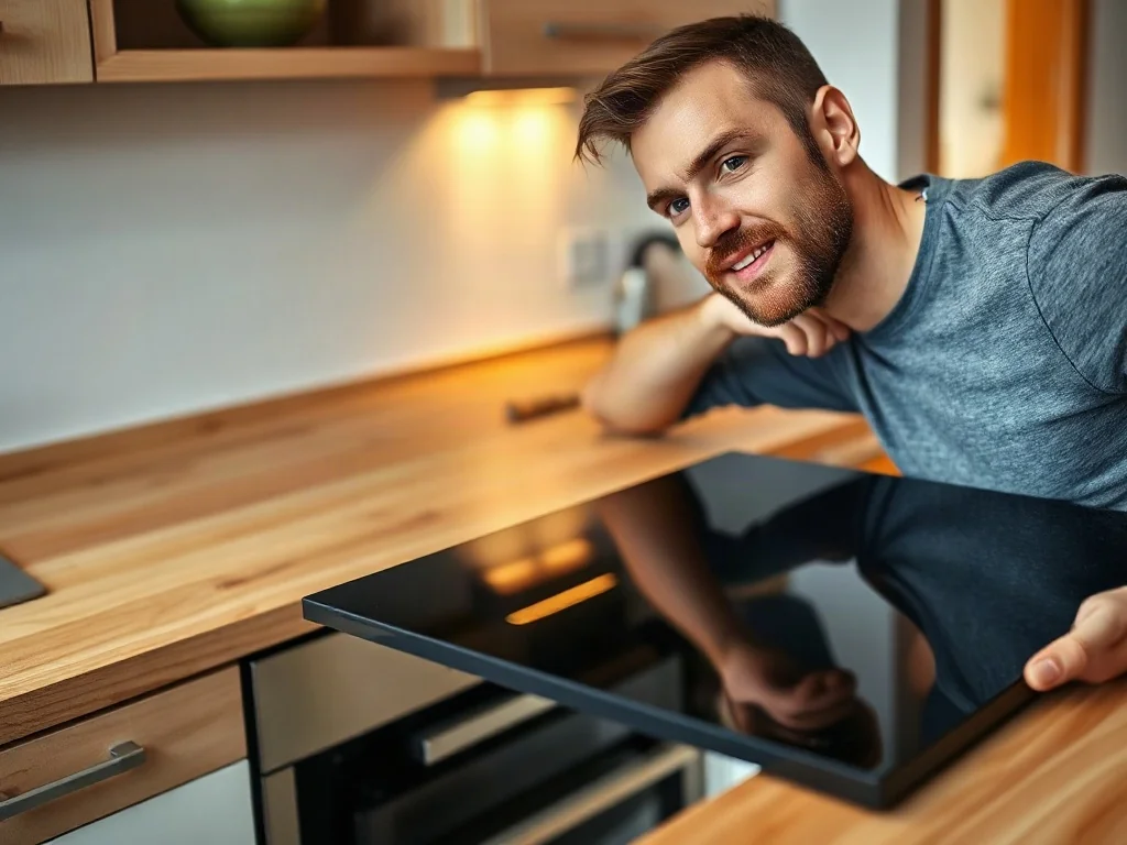 Mężczyzna montuje czarną płytę indukcyjną w drewnianym blacie kuchennym, pod którym znajduje się wbudowany piekarnik.